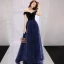 Schlicht Marineblau Abendkleider 2019 A Linie Off Shoulder Wildleder Kurze Ärmel Rückenfreies Sweep / Pinsel Zug Festliche Kleider