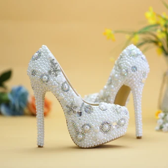 Piękne Białe Buty Ślubne 2019 Aplikacje Perła Rhinestone Kryształ 14 Cm Szpilki Okrągłe Toe Ślub Czółenka