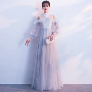 Elegant Grey Evening Dresses 2019 A Line Princess High Neck Lace Flower Sash Short Sleeve Floor Length Long Formal Dresses