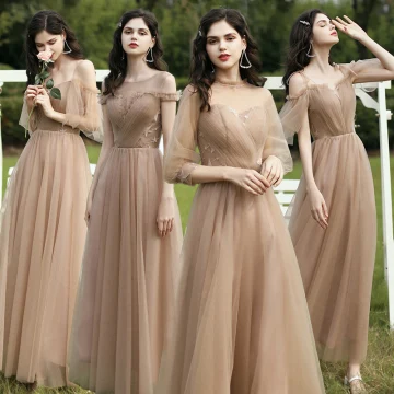 Simple Champagne Robe Demoiselle D Honneur 2021 Princesse Encolure Dégagée Manches Courtes Dos Nu Longue Robe Pour Mariage