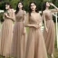 Simple Champagne Robe Demoiselle D'honneur 2021 Princesse Encolure Dégagée Manches Courtes Dos Nu Longue Robe Pour Mariage