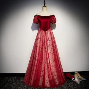Chic Beautiful Burgundy Evening Dresses 2019 A Line Princess Off The Shoulder Spotted Short Sleeve Backless Floor Length Long Formal Dresses