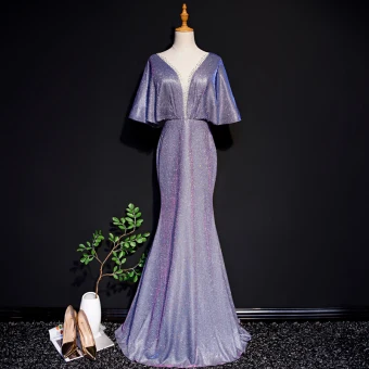 Charmant Druif Avondjurken 2019 Trompet Zeemeermin Diepe V Hals Glans Polyester Rhinestone 1 2 Mouwen Lange Gelegenheid Jurken