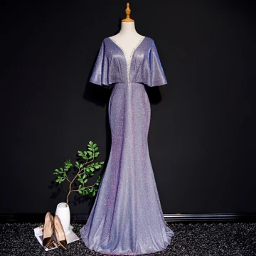 Charmant Grape Robe De Soirée 2019 Trompette Sirène Col V Profond Glitter Polyester Faux Diamant 1 2 Manches Longue Robe De Ceremonie