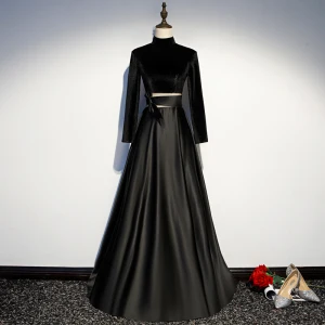 Vintage Retro Black Evening Dresses 2019 A Line Princess High Neck Suede Bow Long Sleeve Backless Floor Length Long Formal Dresses