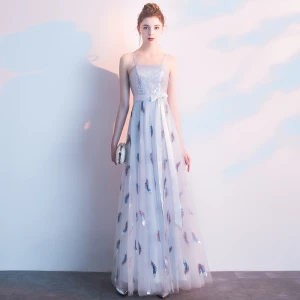 Élégant Argenté Robe De Soirée 2019 Princesse Bretelles Spaghetti En Dentelle Fleur Paillettes Noeud Sans Manches Dos Nu Robe De Ceremonie