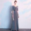 Élégant Gris Robe De Soirée 2019 Empire V-Cou Glitter Polyester Ceinture 1/2 Manches Dos Nu Longue Robe De Ceremonie