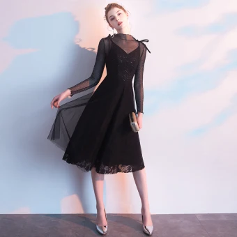 Chic Beautiful Black Homecoming Graduation Dresses 2019 A Line Princess Scoop Neck Glitter Tulle Lace Bow Long Sleeve Tea Length Formal Dresses