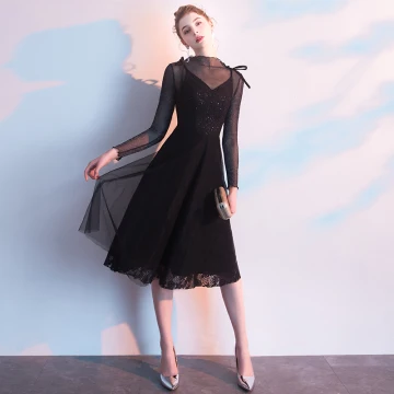Chic Beautiful Black Homecoming Graduation Dresses 2019 A Line Princess Scoop Neck Glitter Tulle Lace Bow Long Sleeve Tea Length Formal Dresses