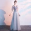 Chic / Beautiful Grey Evening Dresses  2019 A-Line / Princess V-Neck Appliques Pearl Lace Flower Short Sleeve Backless Floor-Length / Long Formal Dresses