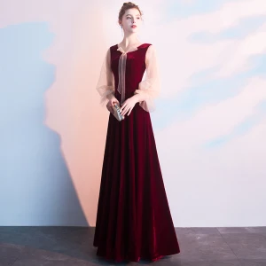 Chic Belle Bordeaux Robe De Soirée 2019 Princesse V Cou Manches Longues Longue Robe De Ceremonie