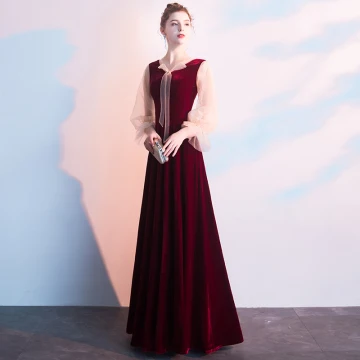 Hermoso Borgoña Vestidos De Noche 2019 A Line Princess V Cuello Manga Larga Largos Vestidos Formales
