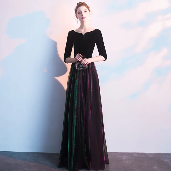 Elegant Black Evening Dresses 2019 A-Line / Princess Scoop Neck Suede 1/2 Sleeves Floor-Length / Long Formal Dresses Elegant Black Evening Dresses 2019 A-Line / Princess Scoop Neck Suede 1/2 Sleeves Floor-Length / Long Formal Dresses