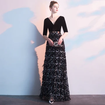 Charming Black Evening Dresses 2019 A Line Princess Deep V Neck Suede Sash Sequins 1 2 Sleeves Floor Length Long Formal Dresses