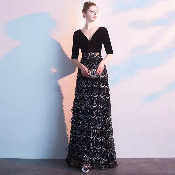 Charming Black Evening Dresses 2019 A-Line / Princess Deep V-Neck Suede  Sash Sequins 1/2