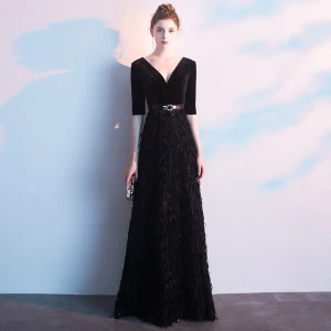 Charmant Noire Robe De Soirée 2019 Princesse Col V Profond Daim Gland Ceinture 1 2 Manches Longue Robe De Ceremonie