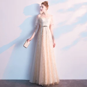 Charming Champagne Evening Dresses 2019 A Line Princess Square Neckline Sequins Sash Short Sleeve Backless Floor Length Long Formal Dresses
