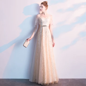 Charmant Champagne Robe De Soirée 2019 Princesse Encolure Carrée Paillettes Ceinture Manches Courtes Dos Nu Longue Robe De Ceremonie