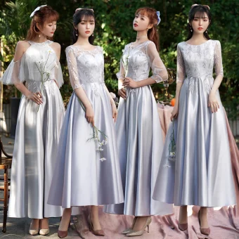 Élégant Argenté Gris Satin Robe Demoiselle D Honneur 2021 Princesse Encolure Dégagée En Dentelle Fleur 1 2 Manches Dos Nu Longueur Cheville Robe Pour Mariage