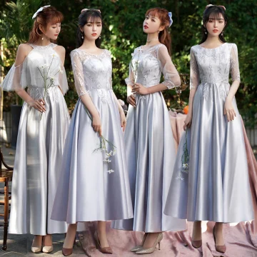 Eleganta Silver Grå Satin Tärnklänningar 2021 Prinsessa Urringning Spets Blomma 1 2 Ärm Halterneck Ankellång Klänning Till Bröllop