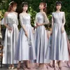 Elegant Silver Grey Satin Bridesmaid Dresses 2021 A-Line / Princess Scoop Neck Lace Flower 1/2 Sleeves Backless Ankle Length Wedding Party Dresses