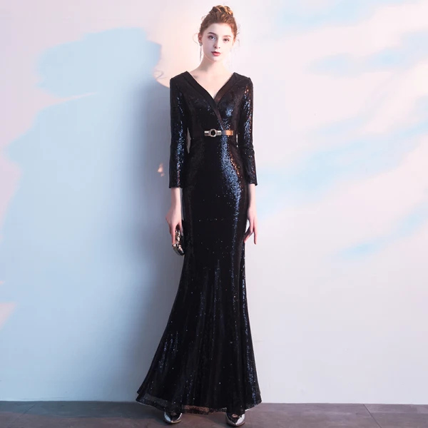black 3 4 sleeve sequin dress Sequin Fitted 3/4 Sleeve Gown by Lenovia 5247 L / Black main image 1