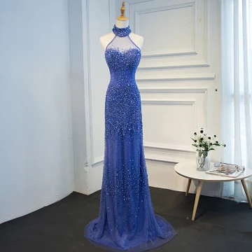 Luxury Gorgeous Ocean Blue Handmade Beading Evening Dresses 2019 Trumpet Mermaid Halter Crystal Sequins Sleeveless Sweep Train Formal Dresses