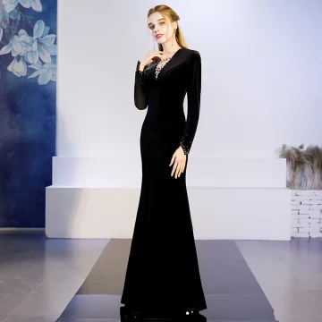 Elegant Solid Color Black Evening Dresses 2019 Trumpet Mermaid V Neck Suede Rhinestone Long Sleeve Floor Length Long Formal Dresses