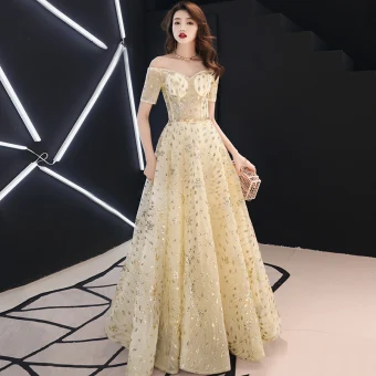 Élégant Doré Robe De Soirée 2019 Princesse De L 039 Épaule Glitter Paillettes Métal Ceinture Manches Courtes Dos Nu Longue Robe De Ceremonie