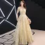 Elegant Gold Evening Dresses  2019 A-Line / Princess Off-The-Shoulder Glitter Sequins Metal Sash Short Sleeve Backless Floor-Length / Long Formal Dresses