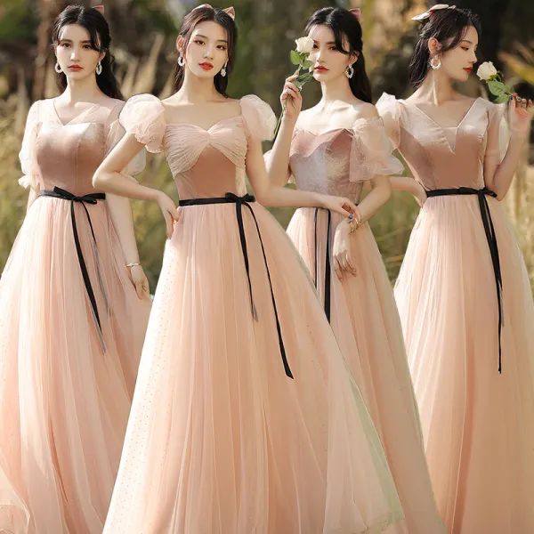 Elegant Pearl Pink Suede Bridesmaid Dresses 2021 A-Line / Princess V-Neck Short Sleeve Backless Floor-Length / Long Wedding Party Dresses