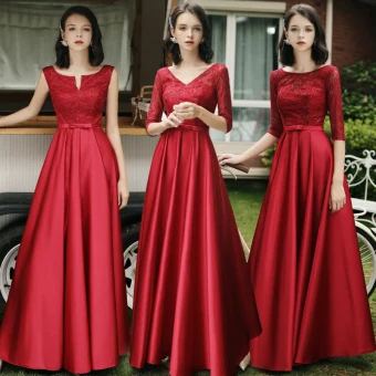 Simple Rouge Satin Robe Demoiselle D Honneur 2021 Princesse Encolure Dégagée Noeud En Dentelle Fleur 1 2 Manches Dos Nu Longue Robe Pour Mariage