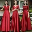 Modest / Simple Red Satin Bridesmaid Dresses 2021 A-Line / Princess Scoop Neck Bow Lace Flower 1/2 Sleeves Backless Floor-Length / Long Wedding Party Dresses
