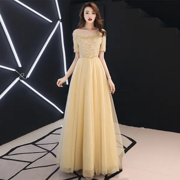 Modern / Fashion Gold Evening Dresses  2019 A-Line / Princess Off-The-Shoulder Sequins Tassel Short Sleeve Floor-Length / Long Formal Dresses