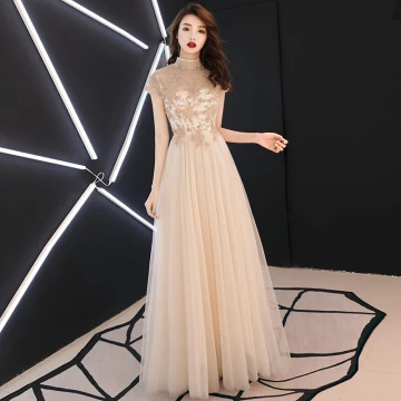 Élégant Champagne Robe De Soirée 2019 Princesse Col Haut Perlage Cristal En Dentelle Fleur Paillettes Manches Courtes Dos Nu Longue Robe De Ceremonie