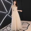 Élégant Champagne Robe De Soirée 2019 Princesse Col Haut Perlage Cristal En Dentelle Fleur Paillettes Manches Courtes Dos Nu Longue Robe De Ceremonie
