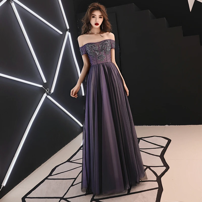 Elegant Grape Evening Dresses 2019 A Line Princess Off The Shoulder Beading  Crystal Sequins Short Sleeve Backless Floor Length Long Formal Dresses