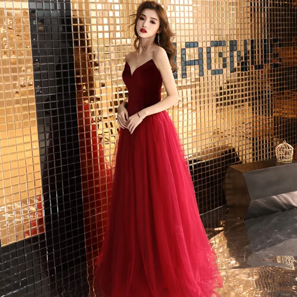 Sexy Burgundy Prom Dresses 2019 A-Line / Princess Strapless Suede Sleeveless Backless Floor-Length / Long Formal Dresses