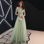 Elegant Sage Green Prom Dresses 2019 A-Line / Princess Off-The-Shoulder Lace Flower Appliques Beading Rhinestone Bow Short Sleeve Floor-Length / Long Formal Dresses