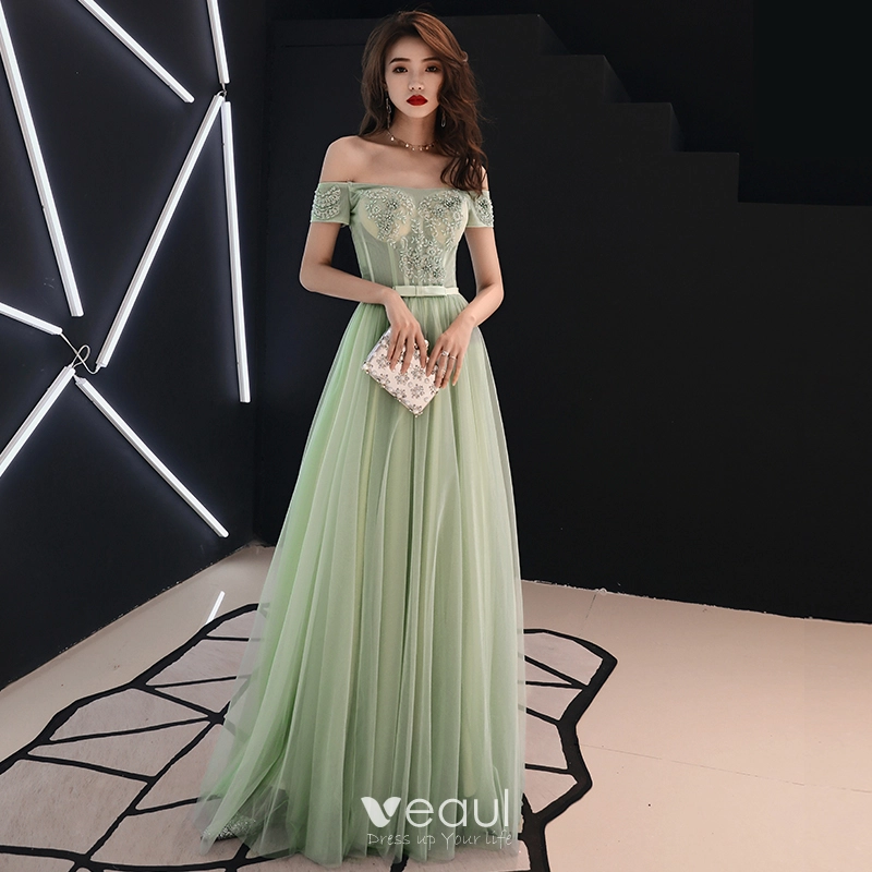Elegant Sage Green Prom Dresses 2019 A-Line / Princess Off-The-Shoulder  Lace Flower Appliques Beading Rhinestone Bow Short Sleeve Floor-Length /  Long Formal Dresses