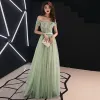 Élégant Vert Cendré Robe De Bal 2019 Princesse De l'épaule En Dentelle Fleur Appliques Perlage Faux Diamant Noeud Manches Courtes Longue Robe De Ceremonie