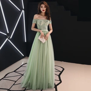 Eleganckie Szałwia Zielony Sukienki Na Bal 2019 Princessa Przy Ramieniu Z Koronki Kwiat Aplikacje Frezowanie Rhinestone Kokarda Kótkie Rękawy Długie Sukienki Wizytowe