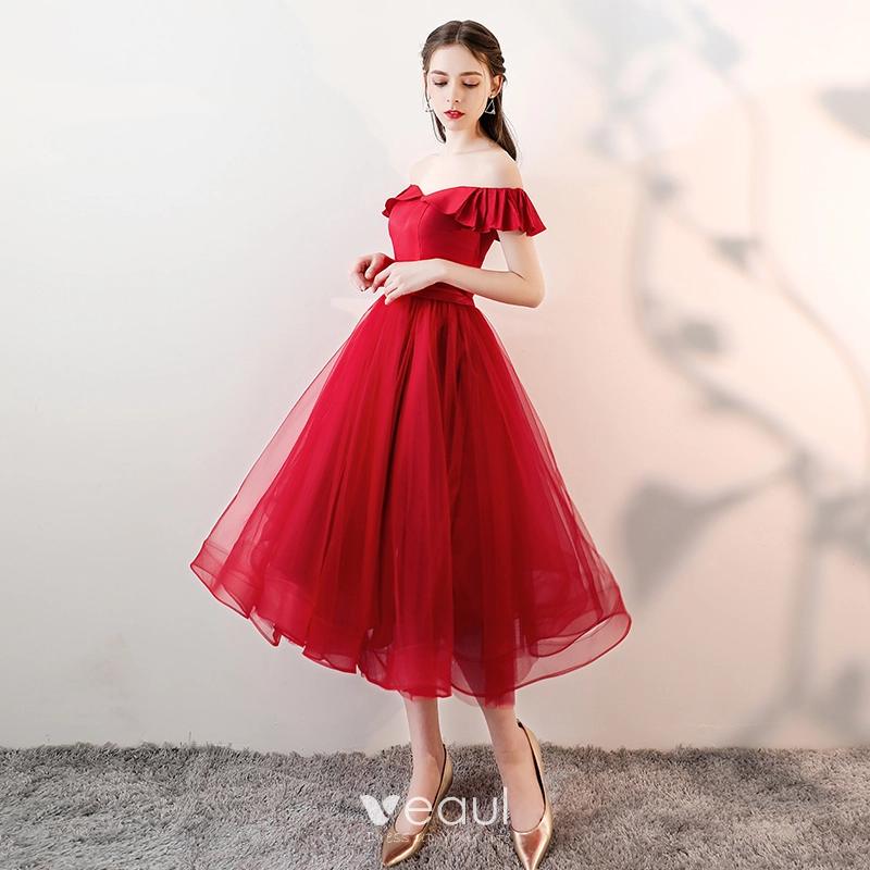 Chic Beautiful Burgundy Homecoming Graduation Dresses 2018 A Line Princess Sash Off The Shoulder Backless Sleeveless Tea length Formal Dresses