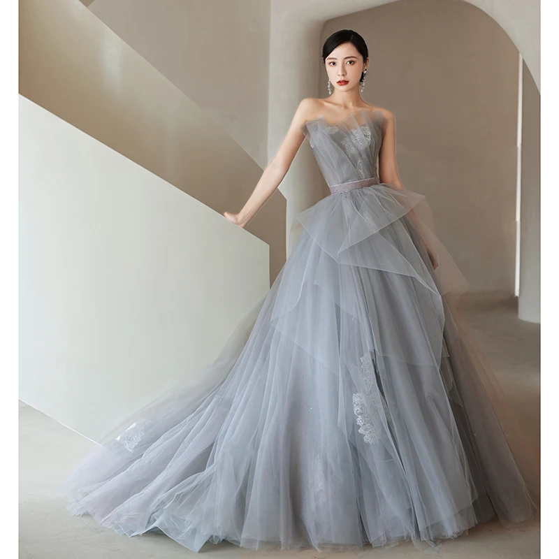 Charming Grey Prom Dresses 2021 A-Line Princess Strapless Bow Lace Flower Sleeveless
