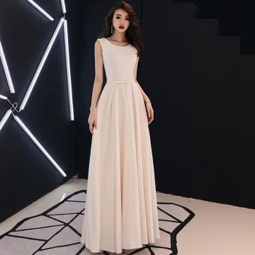 Elegant Solid Color Champagne Evening Dresses 2019 A Line Princess Scoop Neck Pearl Rhinestone Sleeveless Floor Length Long Formal Dresses