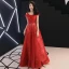 Charming Red Evening Dresses  2019 A-Line / Princess V-Neck Beading Sequins Metal Sash Glitter Tulle Short Sleeve Backless Floor-Length / Long Formal Dresses
