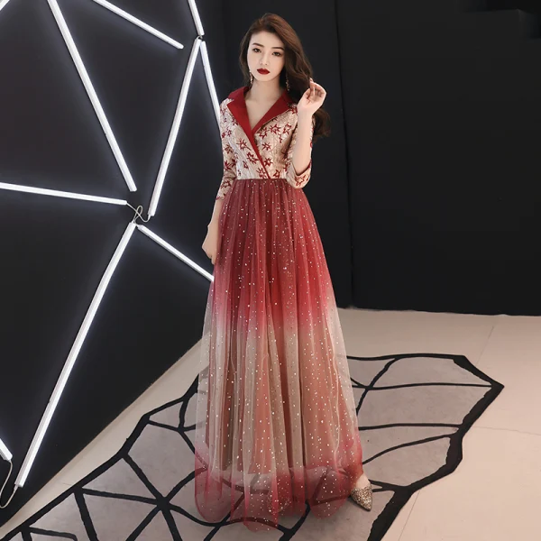 Charming Gradient-Color Burgundy Evening Dresses 2019 A-Line / Princess V-Neck Lace Star 3/4 Sleeve Floor-Length / Long Formal Dresses