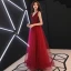 Chic / Belle Bordeaux Robe De Soirée 2019 Princesse V-Cou Sans Manches Perlage Cristal En Dentelle Fleur Dos Nu Longue Robe De Ceremonie