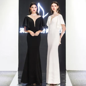 Chic Belle Noire Robe De Soirée 2019 Trompette Sirène Col Haut En Dentelle Fleur Manches Courtes Longue Robe De Ceremonie