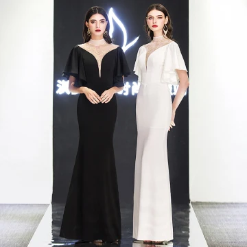 Chic Belle Noire Robe De Soirée 2019 Trompette Sirène Col Haut En Dentelle Fleur Manches Courtes Longue Robe De Ceremonie